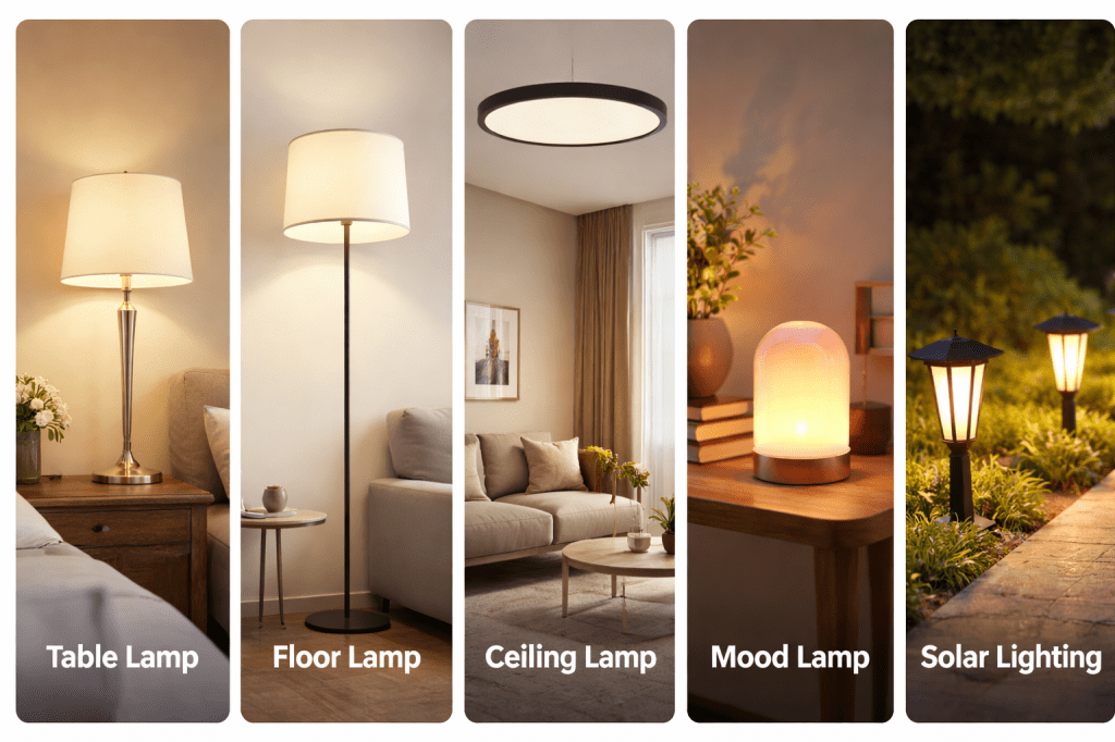 A collection of various types of lamps, including a table lamp, floor lamp, ceiling lamp, mood lamp, and solar lighting, displayed side by side.