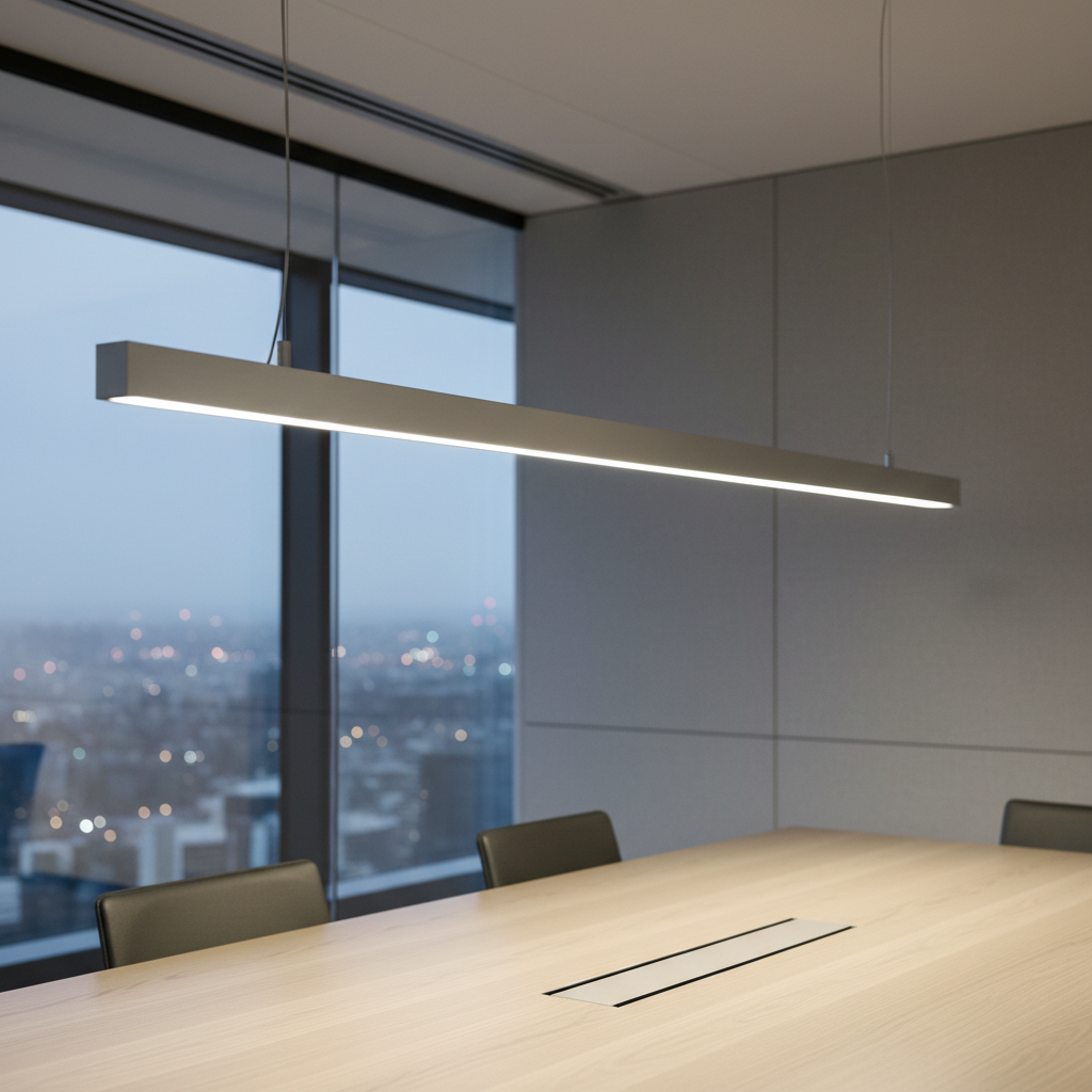 A close-up of a sophisticated brushed aluminum linear pendant luminaire suspended above a sleek, uncluttered boardroom table crafted from light oak wood. The pendant features seamless edges and a slim, elongated design, emitting a soft but powerful neutral-white glow across the table’s surface. Surrounding the fixture are neutral grey acoustic wall panels and a glass wall with blurred cityscape beyond. The balanced artificial lighting accentuates the finely textured aluminum and diffuses gentle highlights onto the tabletop. Shot at eye-level, the framing emphasizes the pendant’s modern craftsmanship, with a clean and structured composition. The photographic style is minimalist and professional, clearly showcasing state-of-the-art business lighting in a premium setting.