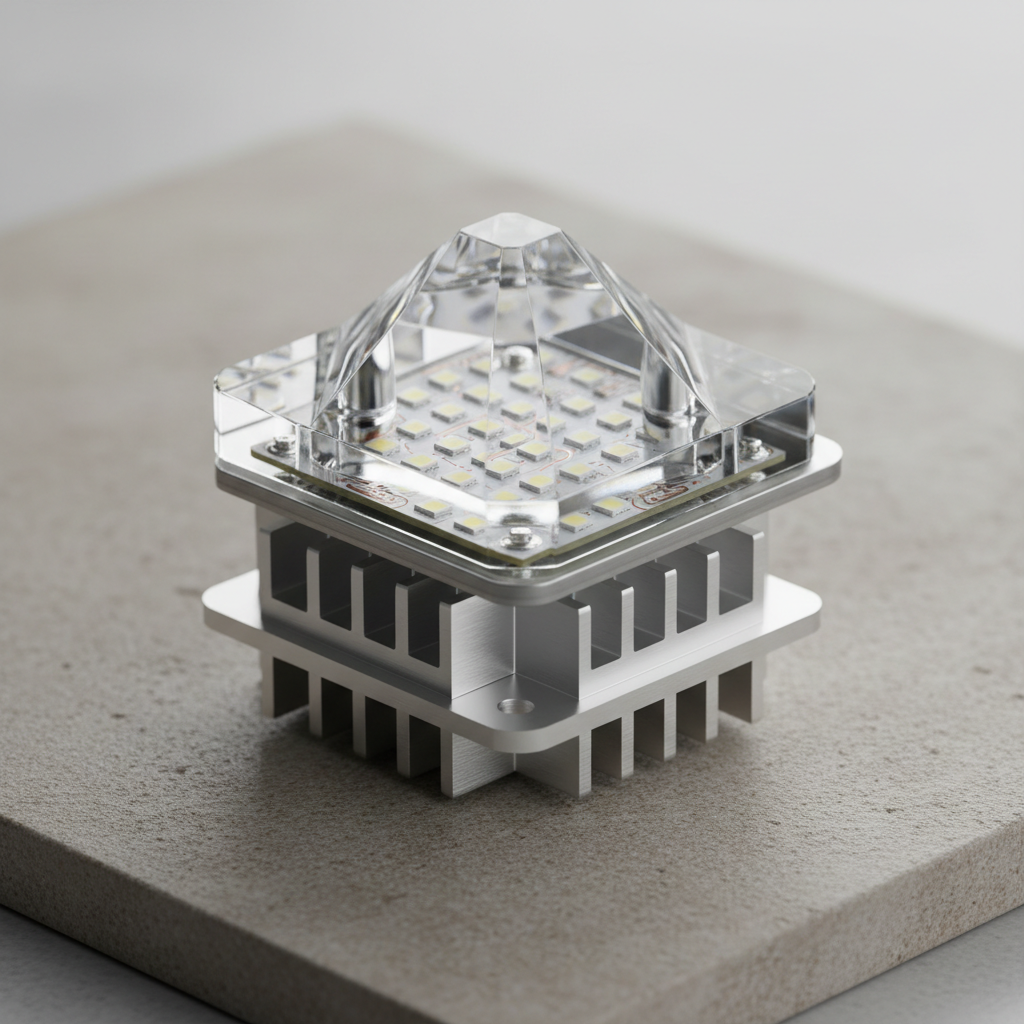 A high-detail macro shot of an energy-efficient LED module encased in faceted, high-transparency acrylic, revealing the intricacies of the internal circuitry and heat sinks. The module rests on a neutral-toned, textured ceramic tile surface, with a minimalistic background free from clutter. Directional studio lighting highlights the reflective qualities of the acrylic and metallic elements, casting precise, small shadows that add dimensional depth without distracting from the subject. The mood is precise, technical, and professional, imparting trust in manufacturing expertise. The composition is tightly cropped and balanced, focusing attention solely on the module’s craftsmanship within a clean, photographic aesthetic tailored for a leading lighting manufacturer.