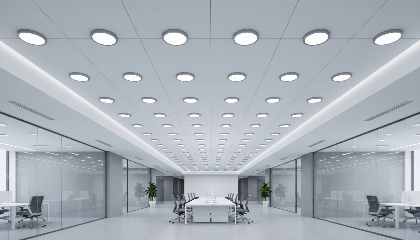 An array of sleek, matte white LED downlights with discreet metal bezels and frosted lenses, precisely embedded in a pristine gypsum board ceiling. The ceiling forms clean geometric lines against smooth, neutral-toned walls in a contemporary open-plan office environment with glass partitions and minimal decor. Cool, crisp artificial lighting emanates from the fixtures, evenly illuminating the space while casting gentle, soft-edged shadows to accentuate architectural contours. Photographed from a slightly elevated perspective with sharp focus throughout, the composition is symmetric and balanced, emphasizing order and clarity. The overall aesthetic is photographic realism with a clean, modern, and highly professional corporate feel, perfectly reflecting a premium lighting manufacturer’s expertise.