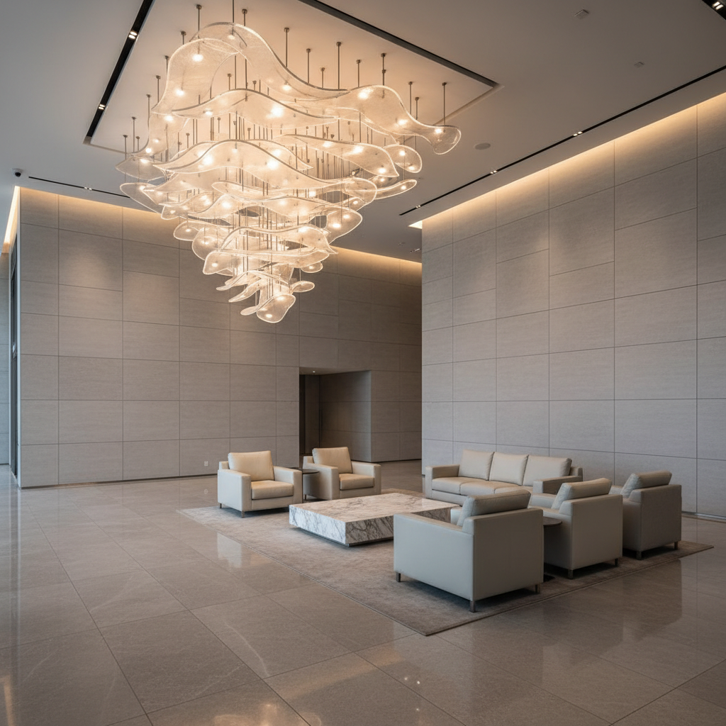 An expansive shot featuring a modern lobby installation with custom-built, sculptural chandelier lighting composed of overlapping frosted glass discs and brushed nickel mounts, suspended above a minimalist seating area in soft neutral tones. The lobby features polished stone floors and structured wall paneling in light grey, exuding a sense of spaciousness and sophistication. Warm, diffused artificial lighting from the chandelier blends with subtle recessed ceiling fixtures to bathe the room in a soft, inviting glow, creating gentle highlights on architectural details and furniture. The shot is taken from a low, wide-angle perspective, employing rule-of-thirds composition with a deep focus that captures the grandeur and elegance of the lighting solution in its real-world business context, perfectly suited for a corporate portfolio in a photographic, clean, and professional style.