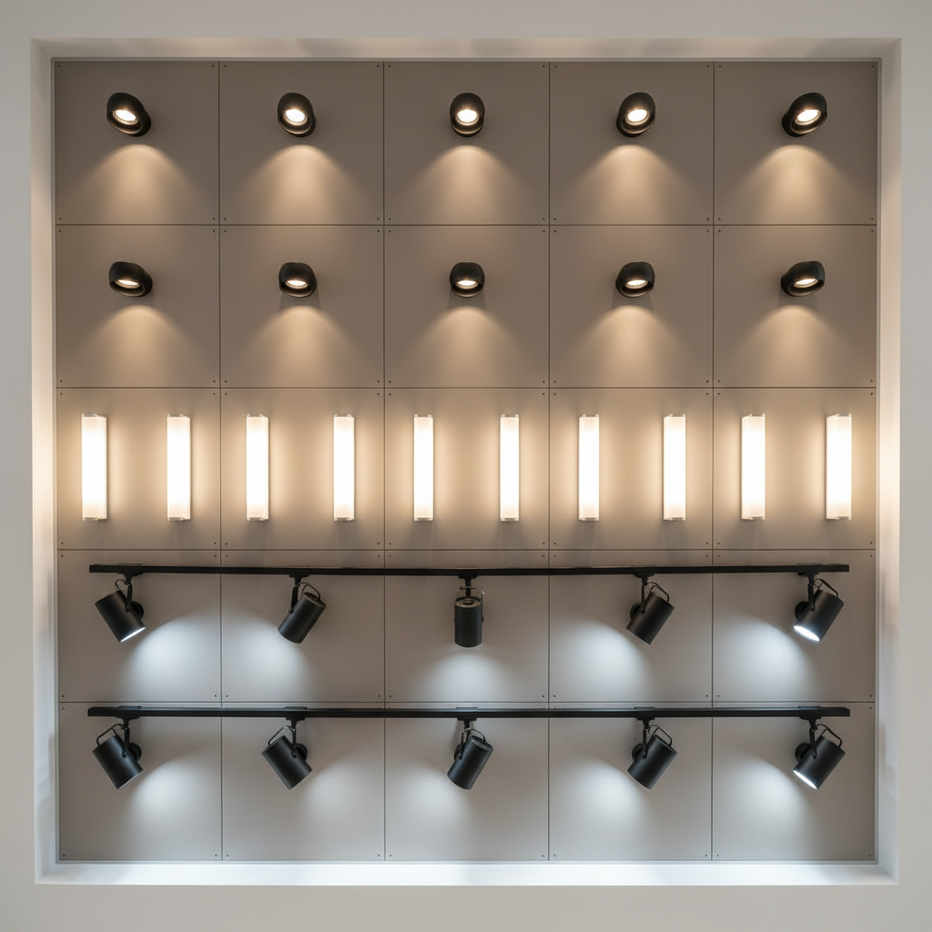 A collection of modular architectural lighting solutions, including matte black recessed spotlights, frosted glass wall sconces, and textured metal track lights, artfully arranged on a display wall with neutral taupe backing in a product showcase room. The lights are powered on, each casting distinct beams and shadows onto the wall, creating a dynamic interplay of illumination. The environment is defined by crisp lines, uncluttered surfaces, and an organized, grid-like presentation. Soft studio lighting blends with the various artificial sources, highlighting product finishes and material details without overpowering. Captured from a front-facing, centered angle with even focus, the mood is innovative yet restrained, evoking a sense of corporate sophistication and technical precision in a photographic realism style.